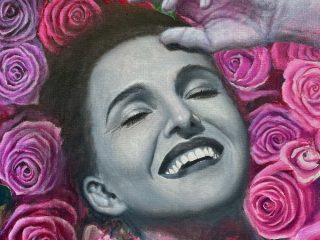 BED OF ROSES - Oil on canvas - $960. A blissful woman in a bed of roses.