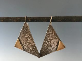 Catalog 2-9. Earrings-Materials: sterling silver with small red brass triangles, sterling silver ear wires.