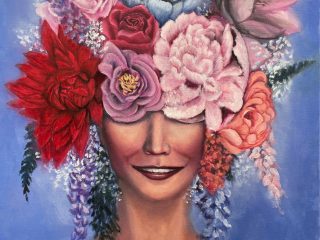 IN FULL BLOOM - Oil - 24 X 20 - $1440. A female figure with a colorful and lavish flower headdress.