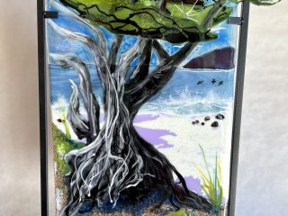CARMEL CYPRESS - Fused glass art piece in stand - 22 1/2 x 14 1/2 - $950.