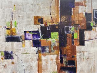 MARDI GRAS - 36X24 - Acrylic on canvas. A complex abstract celebration in Mardi Gras colors.