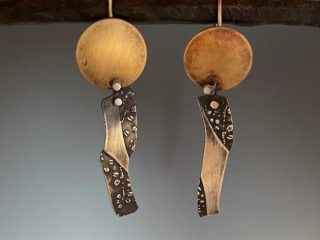 Catalog N 4 –1. Red brass disc, Sterling silver tail, sterling silver ear wires-$78.