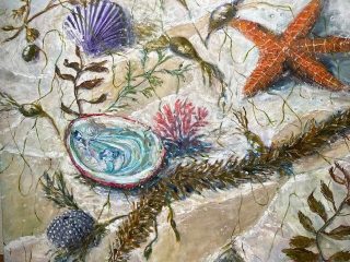 TIDAL TREASURES - OIL - 24x30.  On the edges of our lovely beaches there are hidden pieces of beauty tucked among the foam and tangled seaweed.