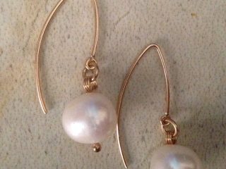 EARRINGS - Gold filled earrings with white luster freshwater pearls - Pearls diameter .5” - Length 1.5” - Item #VM07 - $78.00