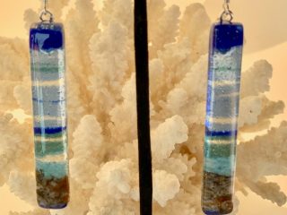 EARRINGS "OCEAN" - Glass - 3"L - Beautiful ocean colors - $50. Different colored glass is crushed to sand consistancy then poured in layers into a frame, and fired to a temp of 1450F, in order to create the depth and layers of color in these earrings.