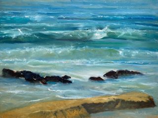 HIGH TIDES/CARMEL BEACH -12'x 16' - OIL on Archival linen panel. Framed. Painted en Plein Air at Carmel Beach during a low tide.