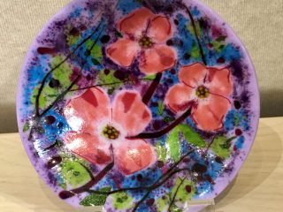 DOGWOOD BOWL - 10” fused glass bowl using cut glass and frit ( crushed glass ). Fused in a kiln 3 times then slumped in another firing to get a bowl shape. - $295.