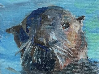 OTTER II - Oil on deep gallery wrap, 6x6 unframed, grey painted sides $95.