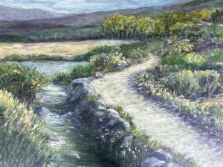 STONEY BROOK TRAIL - OIL- 18x24 - $950. Will this sunlit trail by the bubbling brook lead to the inviting meadow by the lake?